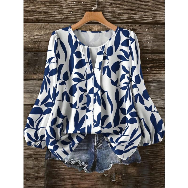 Newly Designed Printed V-neck Long-sleeved Blouse for Women - Loose-fitting Casual Floral Top 0XL