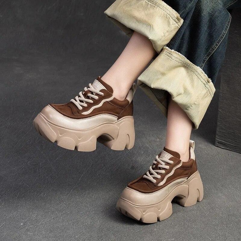 Johnature Thick Soled Heightening Pumps Genuine Leather Lace-up Versatile Retro Women's Platform Shoes