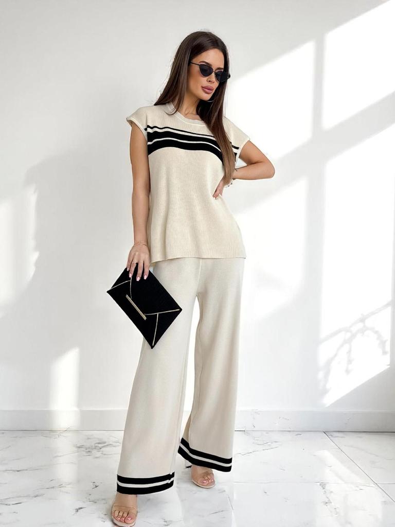 Trendy Summer Women's Set: Short Sleeve Top & High Waist Wide-Leg Pants