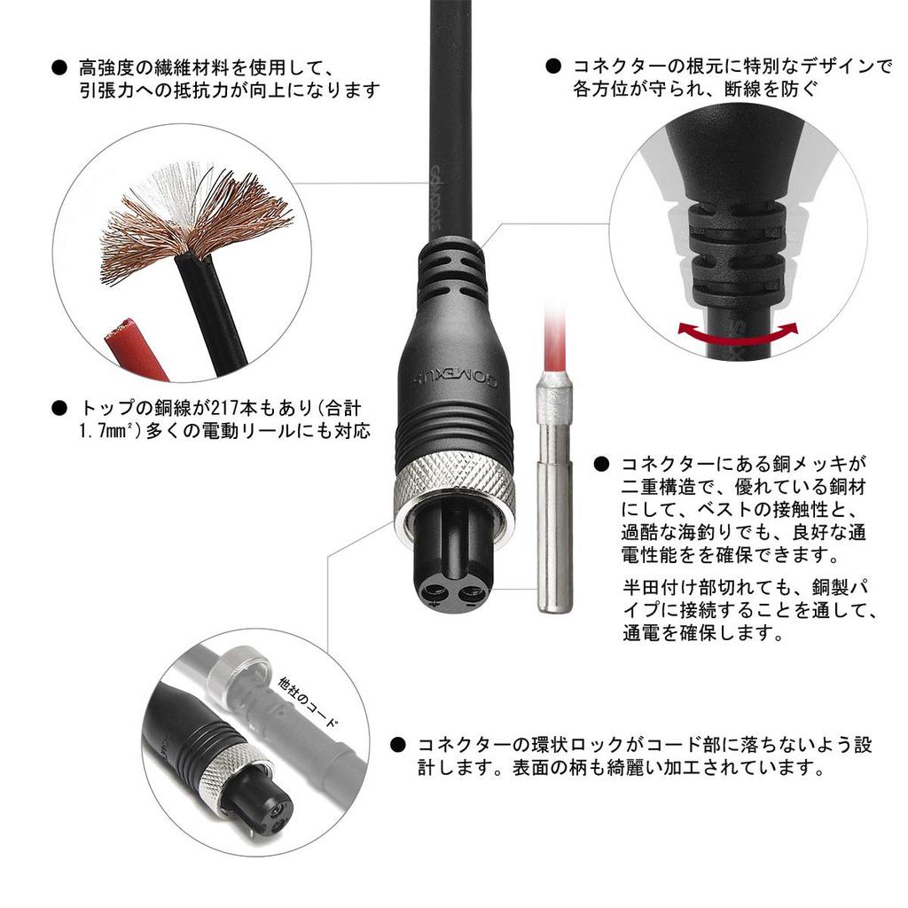 Gomexus Electric Reel Power Cord 270cm Compatible with Shimano, Daiwa, Force Master 600, Leoblitz S500J, and More, Durable