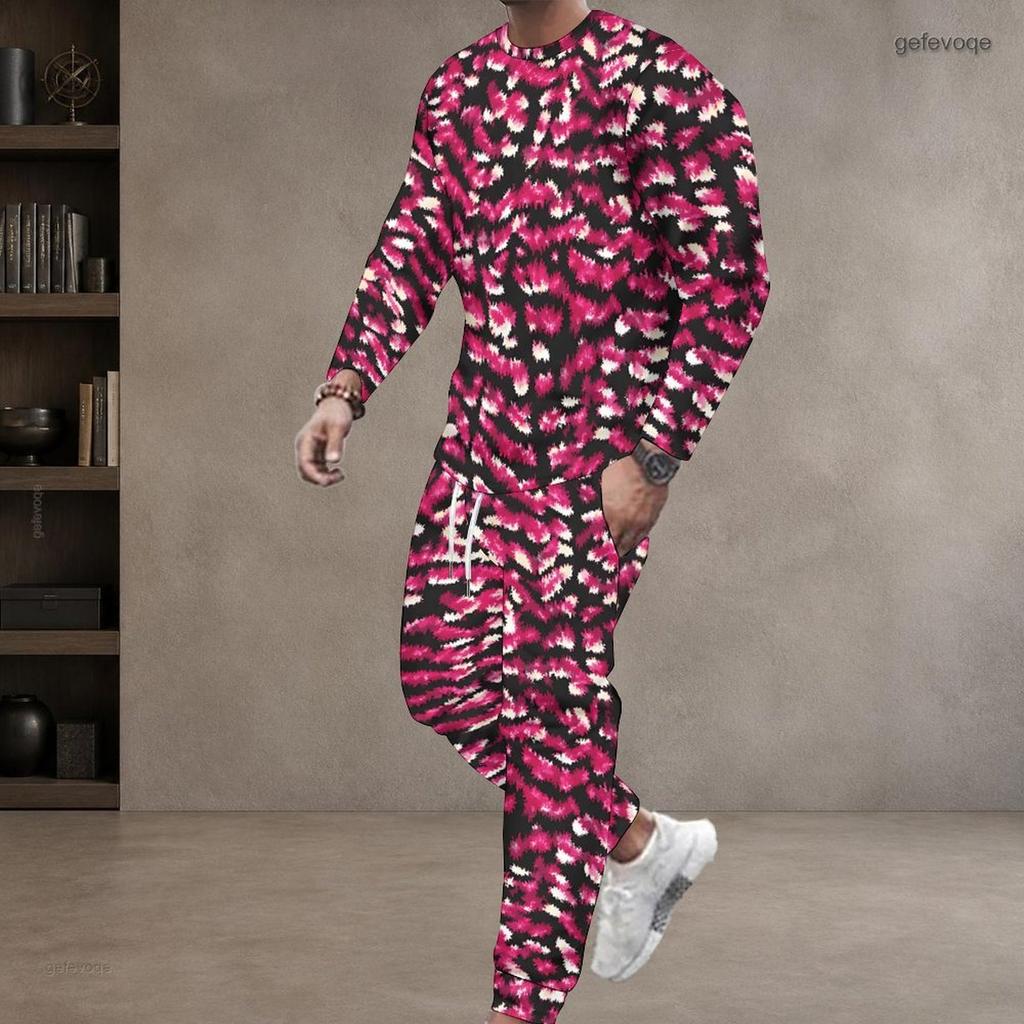 Men S Plus Size Tie Dye Printed Round Neck Long Sleeve Top Cuffed Pants Two Piece Set
