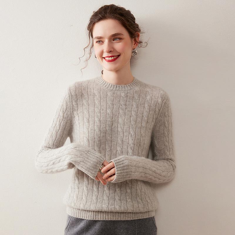 Women's Seven-Stitch Round Neck Cashmere Sweater - Solid Color Pullover, Elegant & Casual Long Sleeve Warm Base Layer