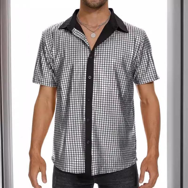 Mens Rainbow Sequins Plaid Short Sleeve Button Down Party Shirt