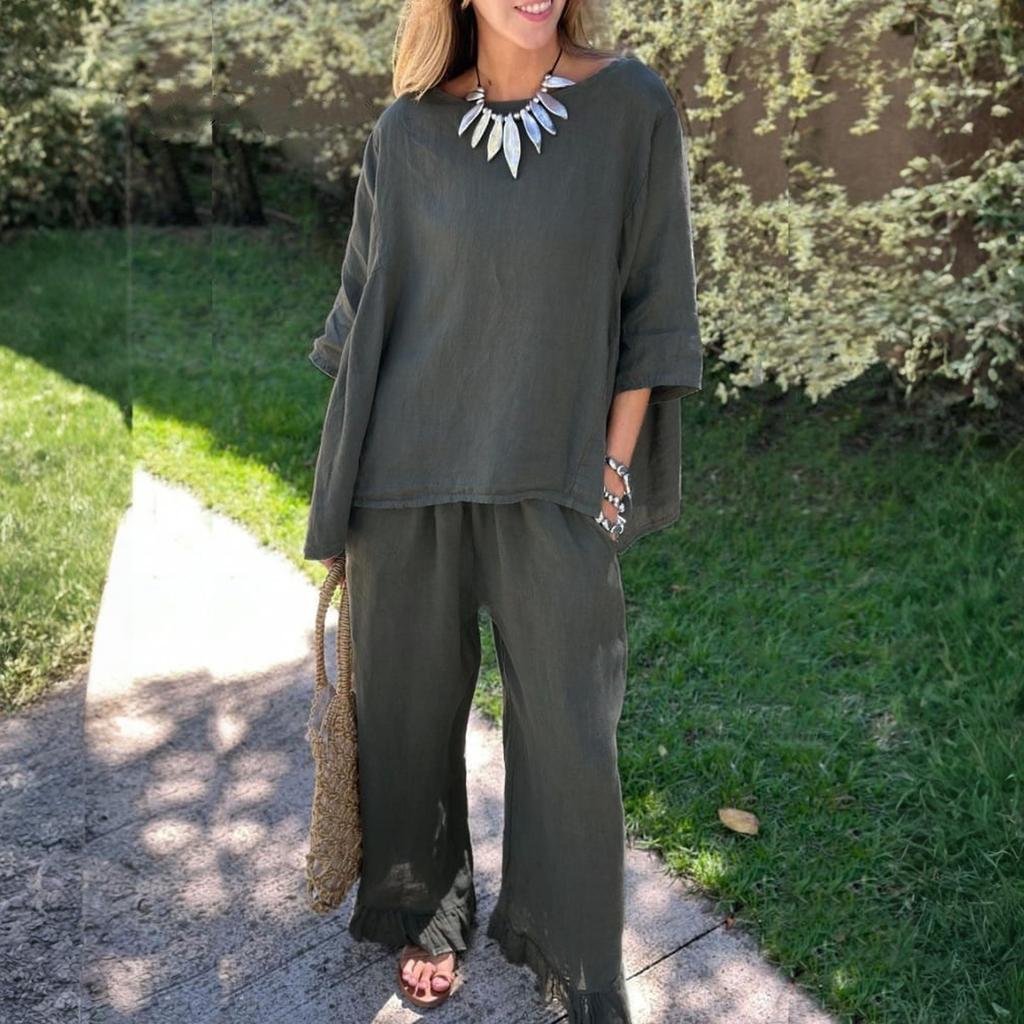 Damen Locker Bequem Lässig Modisch Baumwolle Und Leinen Einfarbig Ellbogenärmeliges Oberteil Und Hose Zweiteiliges Set
