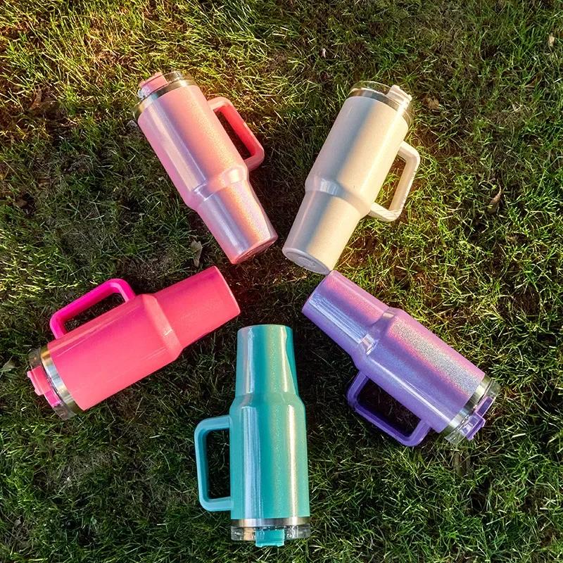 Handle Insulated Cup Ice Cream Cup Car Large Capacity Stainless Steel Rainbow Paint 40oz Car Cup Straw