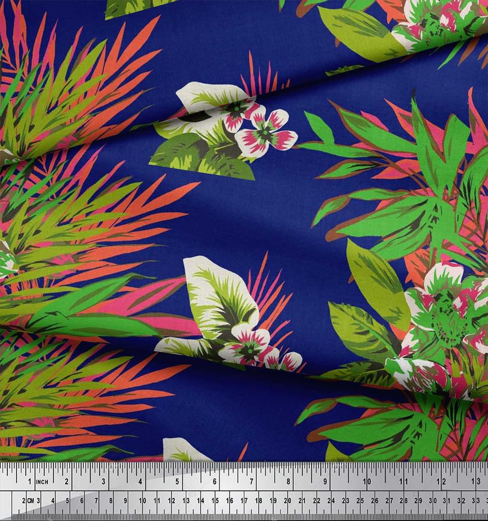 Soimoi Cotton Cambric Fabric Leaves & Lily Flower Print Sewing Fabric Metre 42 Inch