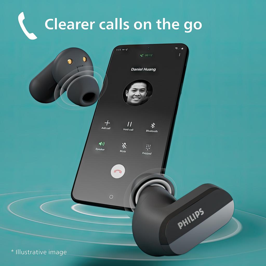 PHILIPS TAT3508 Wireless Earbuds with Hybrid Active Noise Cancellation, Energy-Saving LC3 Codec, Ambient Sound Capture, AI Noise-Canceling