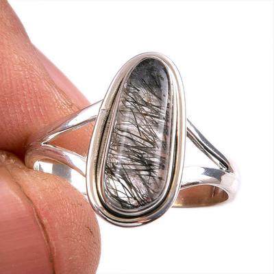 Natural Black Rutile Gemstone 925 Solid Sterling Silver Jewelry Ring S.9.5 V0m82