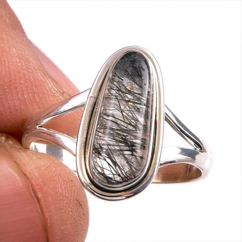 

Natural Black Rutile Gemstone 925 Solid Sterling Silver Jewelry Ring S.9.5 V0m82