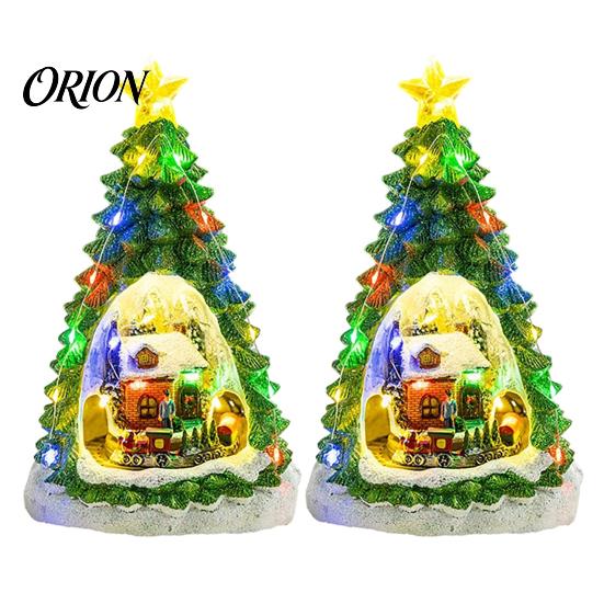 Resin Holiday Home Decor 2Pcs Christmas Train Music Box with Rotating Light, Snow Village Carousel Tree Hanging Decorations Ornament, Battery/USB