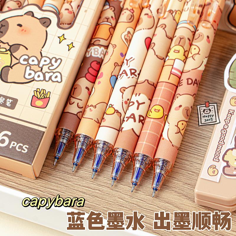 6Pcs Cute Capybara Gel Pens Kawaii Pen Set Quickly-Drying Blue Erasable Pens Office School Supplies Kawaii Aesthetic Stationery