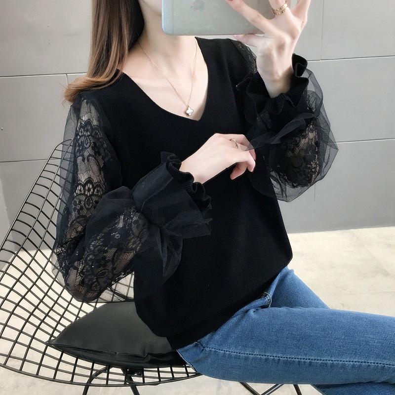 Women's Knitted Shirt Thin Lace Sleeves Low Collar Top Loose Outer Wear Bottom Inner Sweater