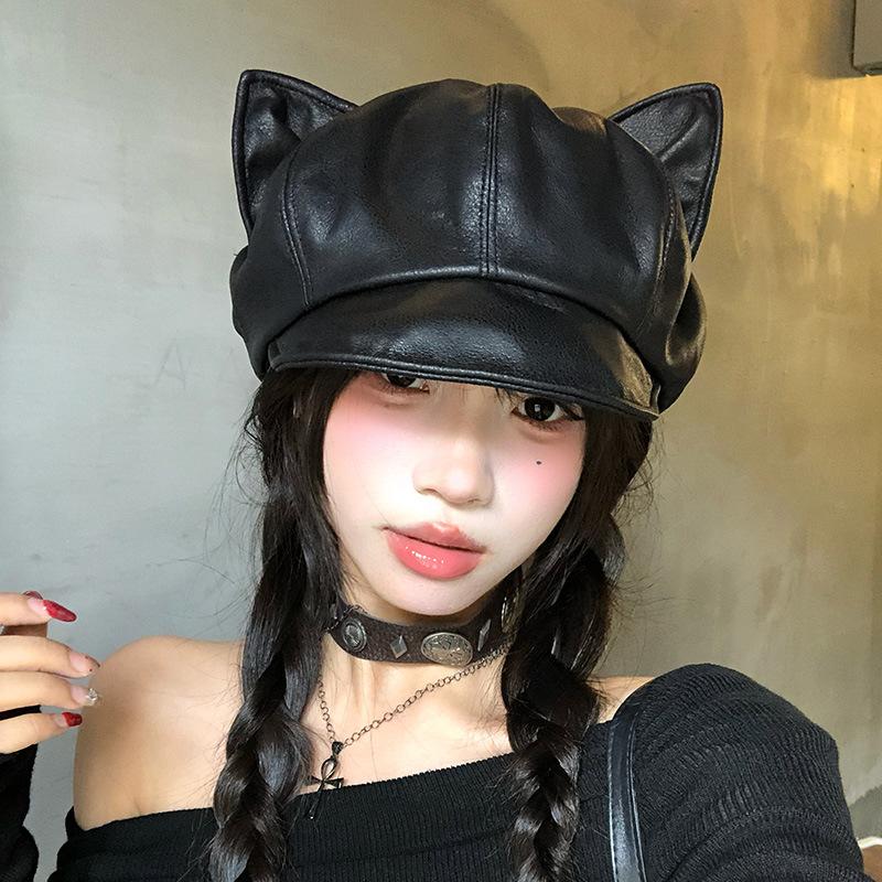 Hot Girl Folded Leather Cat Ears Beret Autumn and Winter Retro Cute Octagonal Hat American Sweet Painter Newspaper Boy Hat