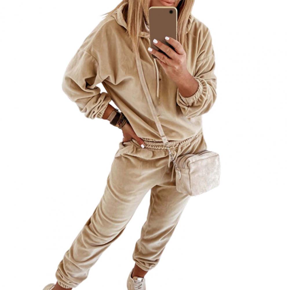 1 Set Sweatshirt Sweatpants Solid Color Elastic Cuff Autumn Winter Thick Warm Pullover Pants for Daily Wear