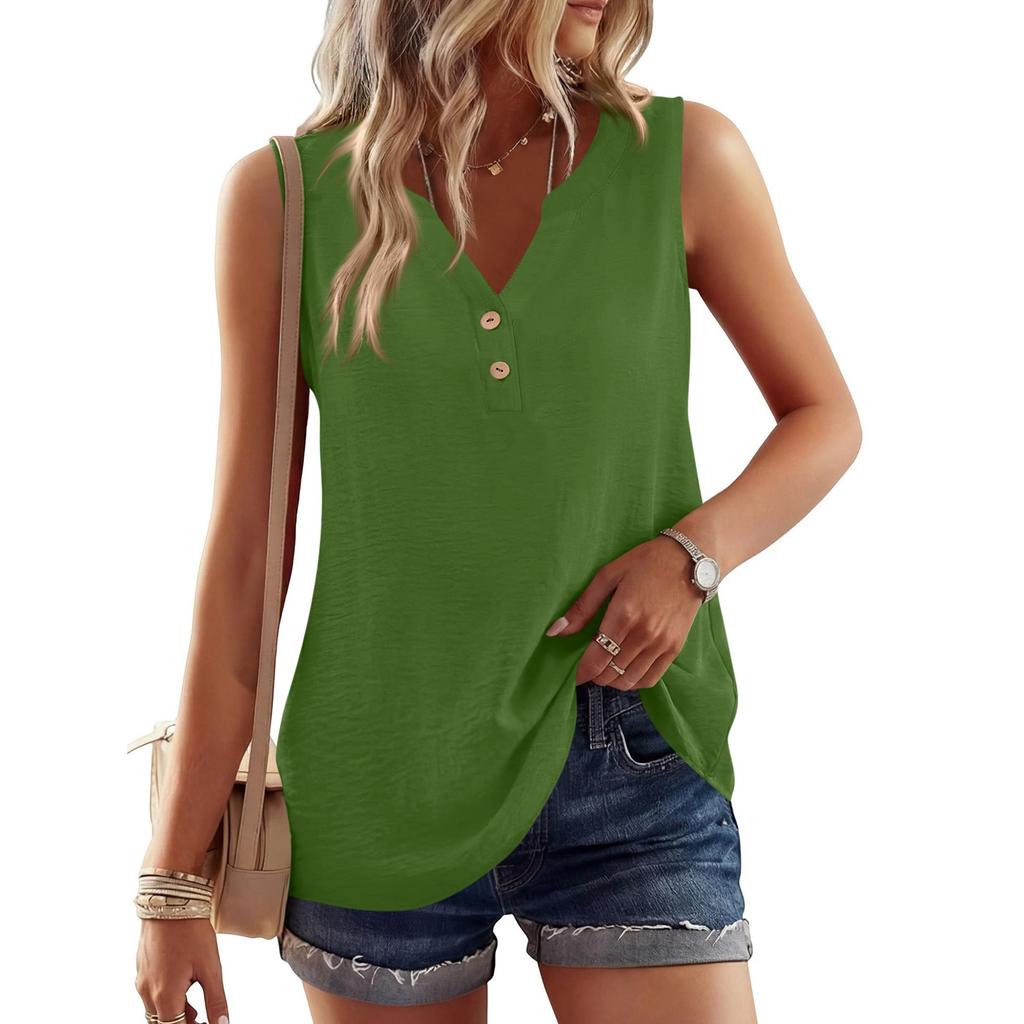 Women's Casual Fashion Button-Up Round Neck Sleeveless T-Shirt Vest