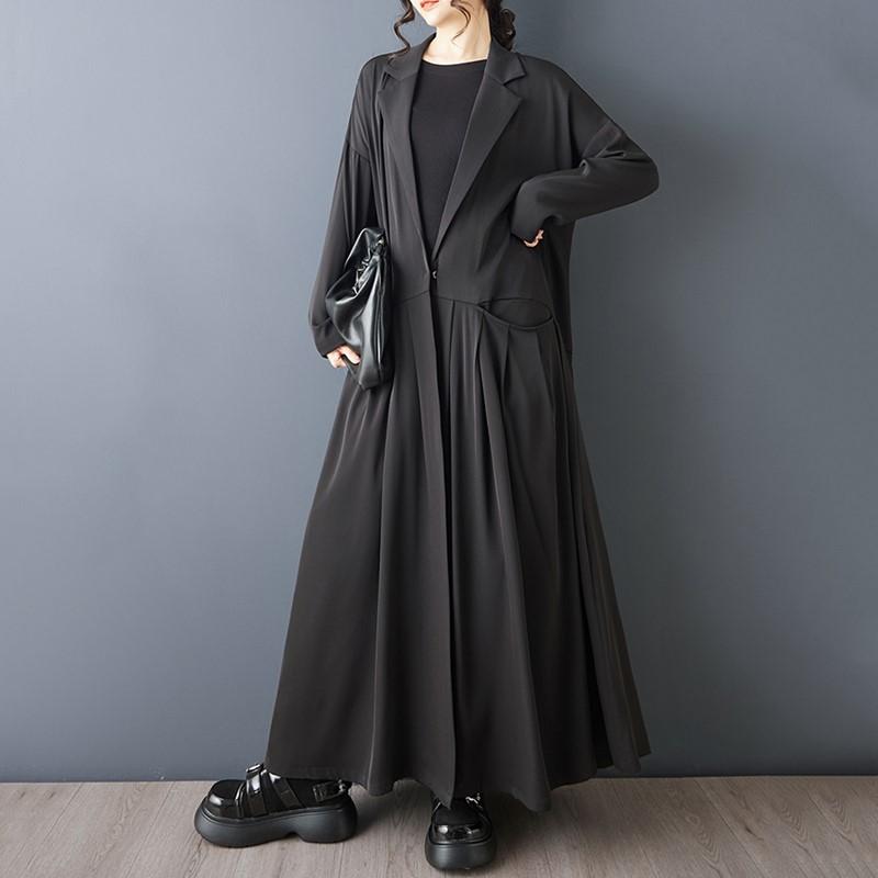 Długi rękaw oversize vintage Czarny casualowy luźny jesienno-wiosenny trencz dla kobiet Odzież wierzchnia