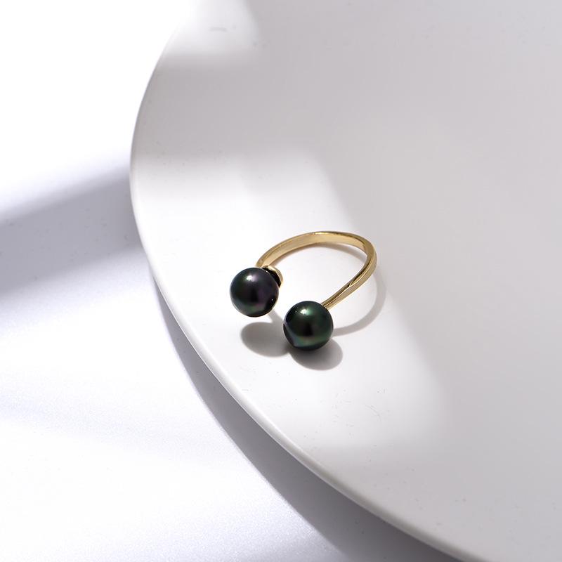 Stylish Adjustable Double Pearl Ring with Tahiti Black and White Asymmetrical Shell for Women