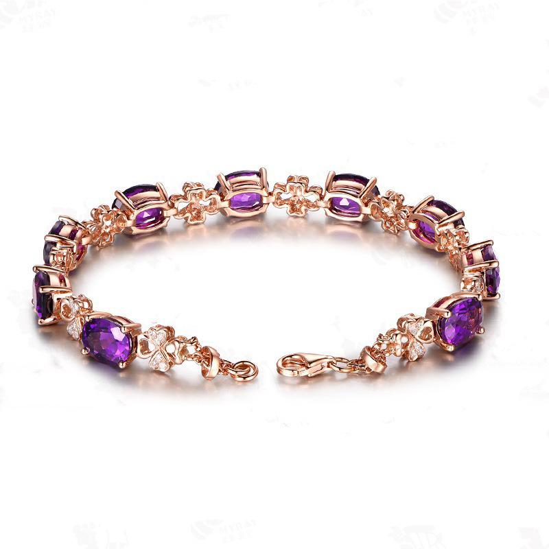 Luxueux bracelet trèfle à quatre feuilles en améthyste plaqué or 18 carats avec des pierres précieuses colorées