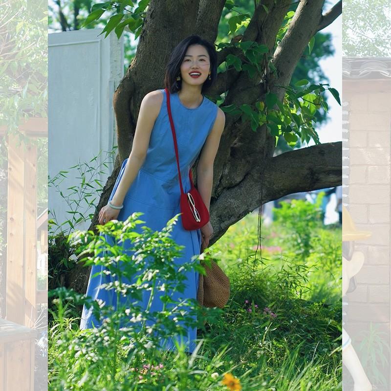 French Temperament Blue Dress Women's Summer New Pear-shaped Figure Slim Sleeveless Vest Long Skirt