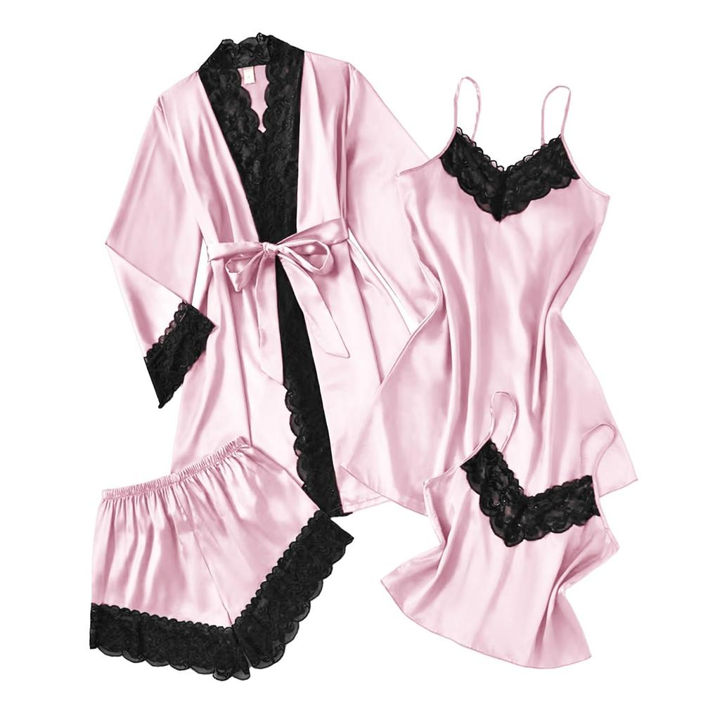 Women's 4,piece Satin Pajama Set, Soft Satin Sleepwear Set
