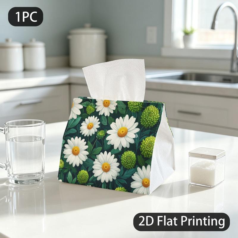1pc Natural Botanical White Daisies Tissue Box Suitable for Desk Use, Portable Lightweight Tissue Holder with White Daisy Pattern, Blotting Paper for,