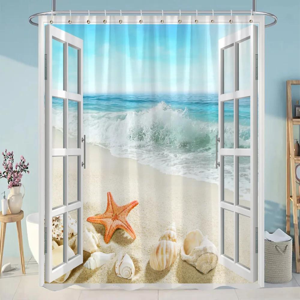Simulation Window Beach Forest Outdoor Shower Curtain Tropical Seaside Landscape Bohemian Cloth Hanging Curtains Bathroom Decor