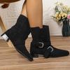 Fashion Buckle Belt Decor Thick Heels Ankle Boots Women Autumn Winter Pointed Toe Riding Boots Woman Slip On Faux Suede Booties