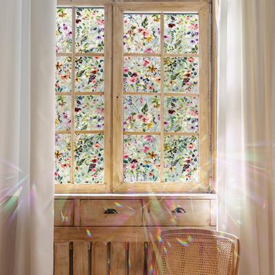 Rainbow Window Film Stain Glass Style Floral Static Clings Non-Adhesive Reusable Window Decals for Living Room Bedroom Kitchen Bathroom