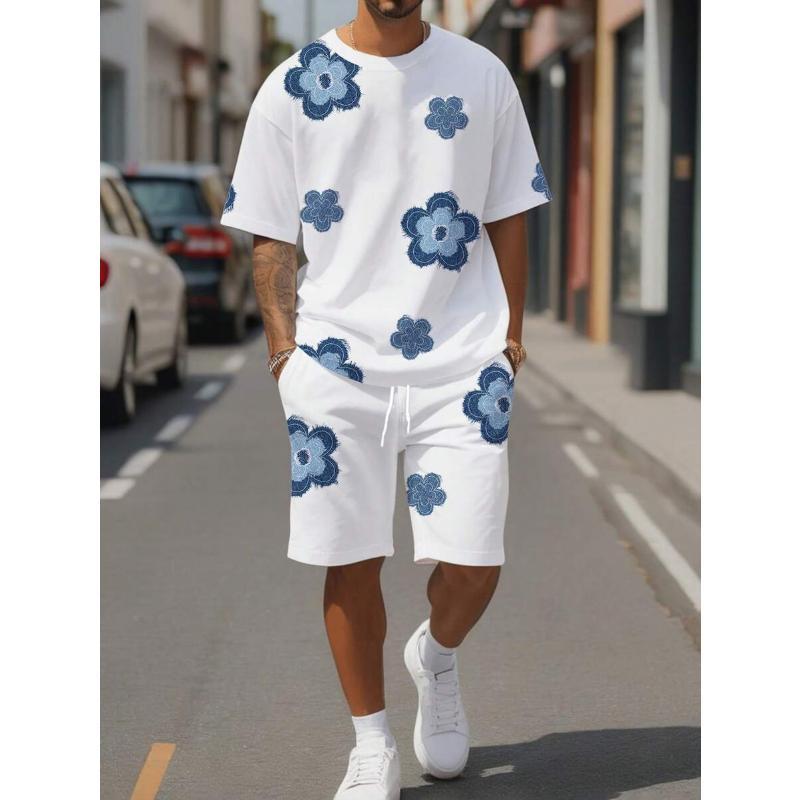 

Men s Fashion Flower 3D Print TShirt Shorts Set Oversize Sportwear O-Neck Casual Short Sleeved 2 Piece Unisex T-shirt Shorts Set S