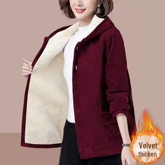 Women's Corduroy Jacket - Thick Velvet, Simple Loose Fit, Plus Size, Slimming Korean Style for Autumn and Winter.