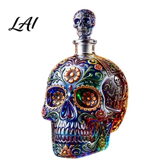 Bicchiere da Vino Giorno dei Morti Unico in Vetro a Rilievo Tridimensionale con Pittura 3D Specialità Dipinta a Mano Degustazione di Liquori Teschio Gotico Whiskey