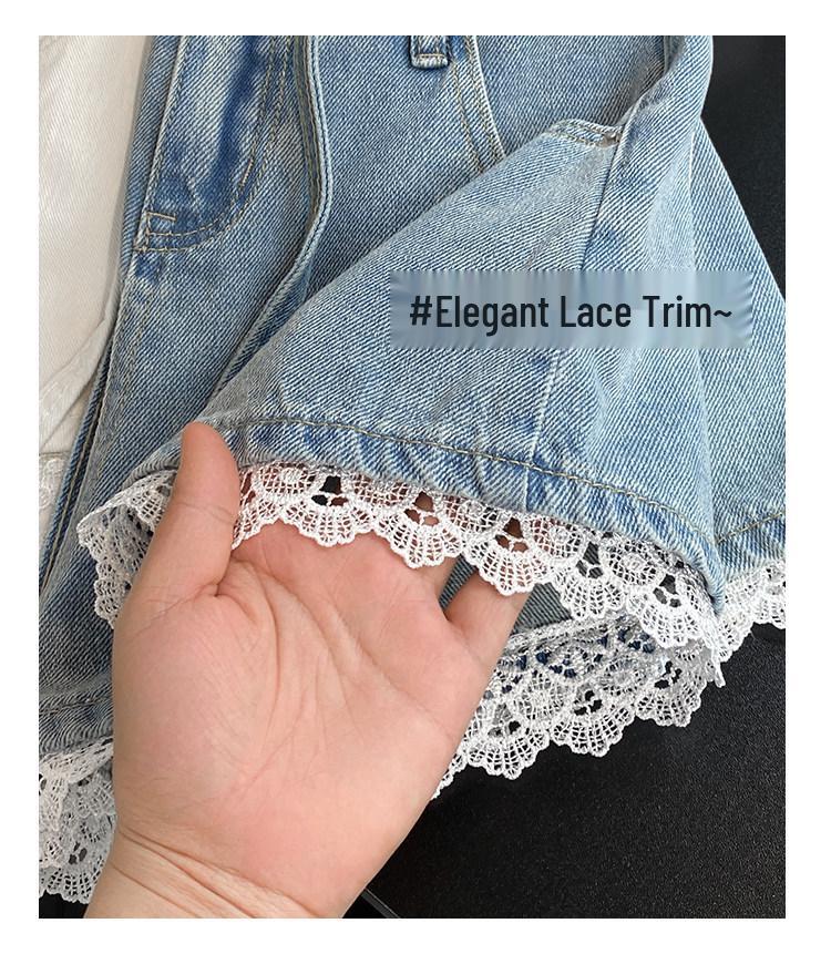 Plus Size Lace Trim High-Waist Denim Shorts - Women's Casual Loose A-Line Summer Pants