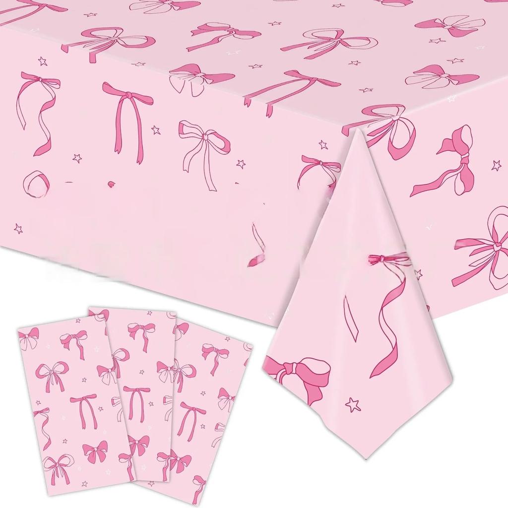 Elegant Coquette Birthday Tablecloth Large Pink Bow Rectangle Table Cover for Girls Birthday Party Stylish Decorations