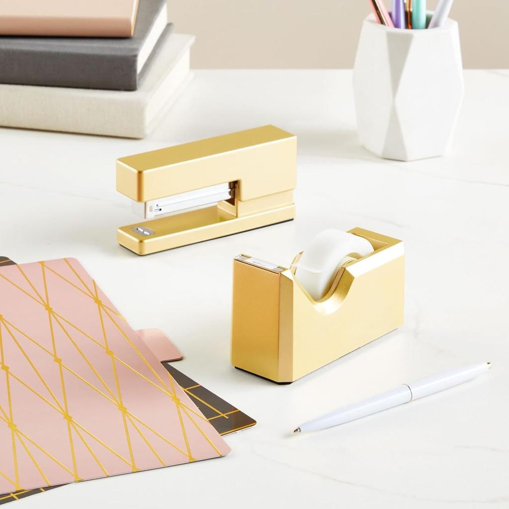 2 Piece Matte Gold Stapler and Tape Dispenser Set for Home Office Decor, Classroom Supplies, Desk Accessories for Dorm Room, Students, Teachers,