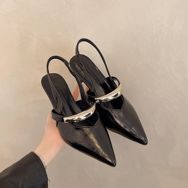 Temperament Shallow Mouth Thin Heel One Word New French Bag Head Sandals High Heels Strap Metal Fashionable 2025 Pointed Back Empty