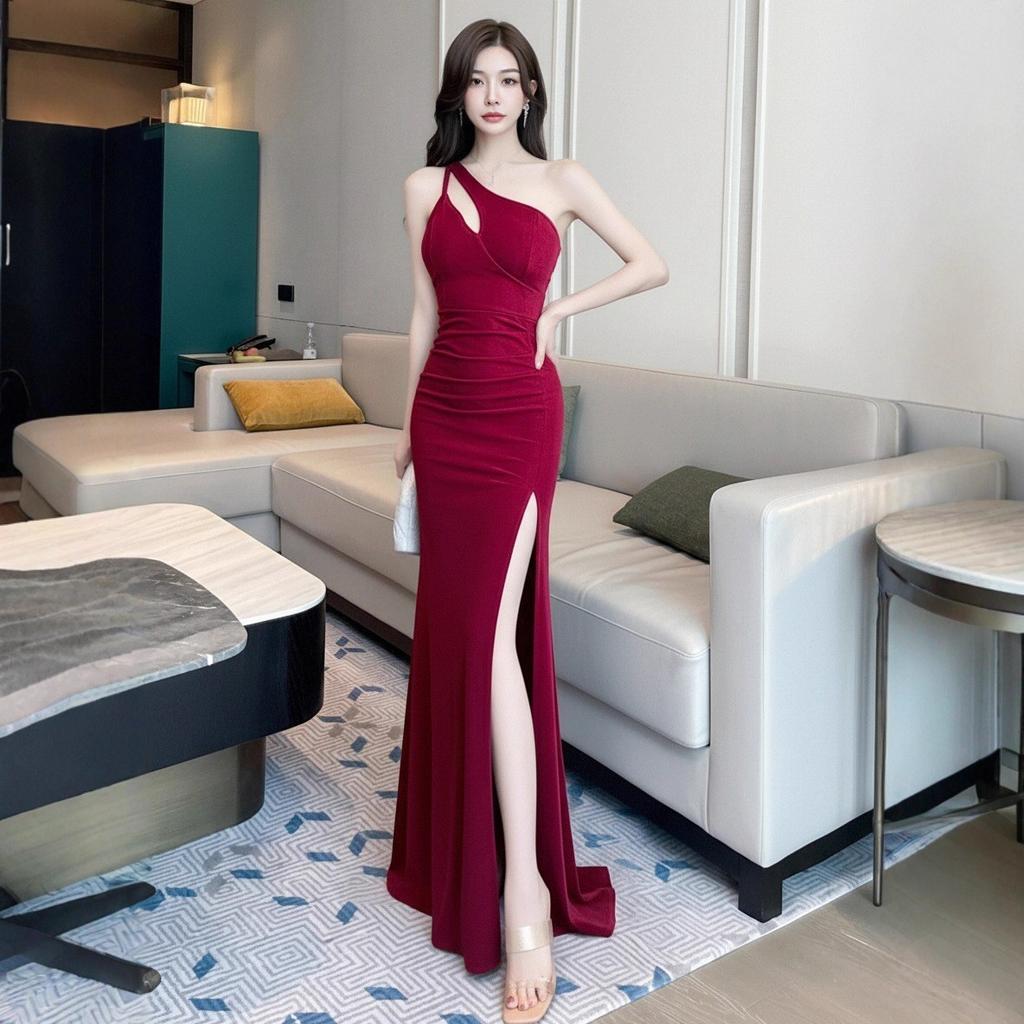 New High-end Long Celebrity Light Luxury Dinner Party Thin Shoulder Fishtail Skirt Stunning Wedding Car Model Exhibition Dress