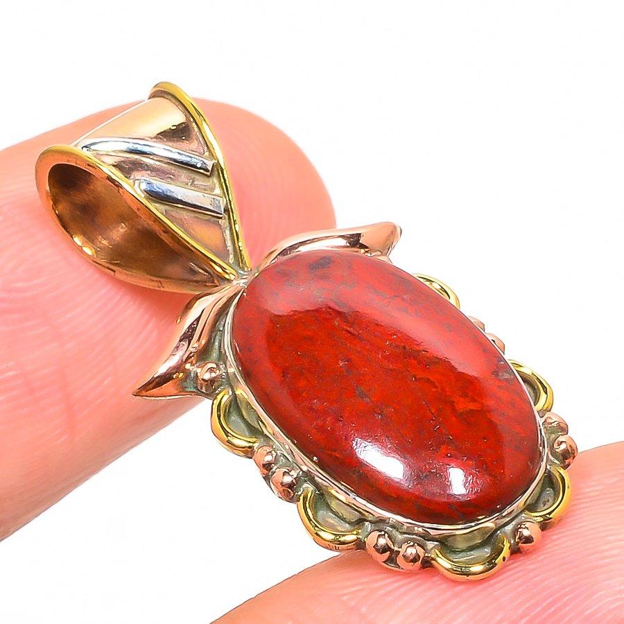 Natural Red Jasper Gemstone Two Tone 925 Solid Sterling Silver Pendant 1.3" T8T50