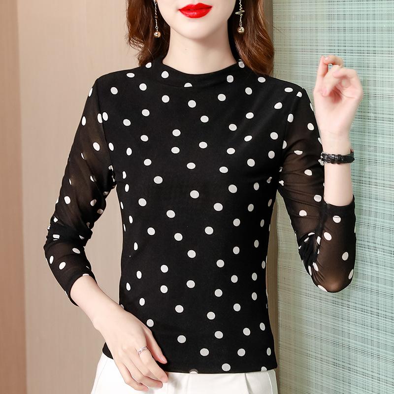 Spring and Autumn New Mesh Top Turtleneck Bottom Shirt Women's Thin Large Size Yarn Slim Versatile Long Sleeve T-Shirt