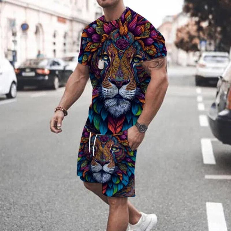 Summer  Men's Suit Fashionable Street Casual Men's Short Sleeve T-Shirt Outdoor Daily Comfort Breathable Shorts Animal Print