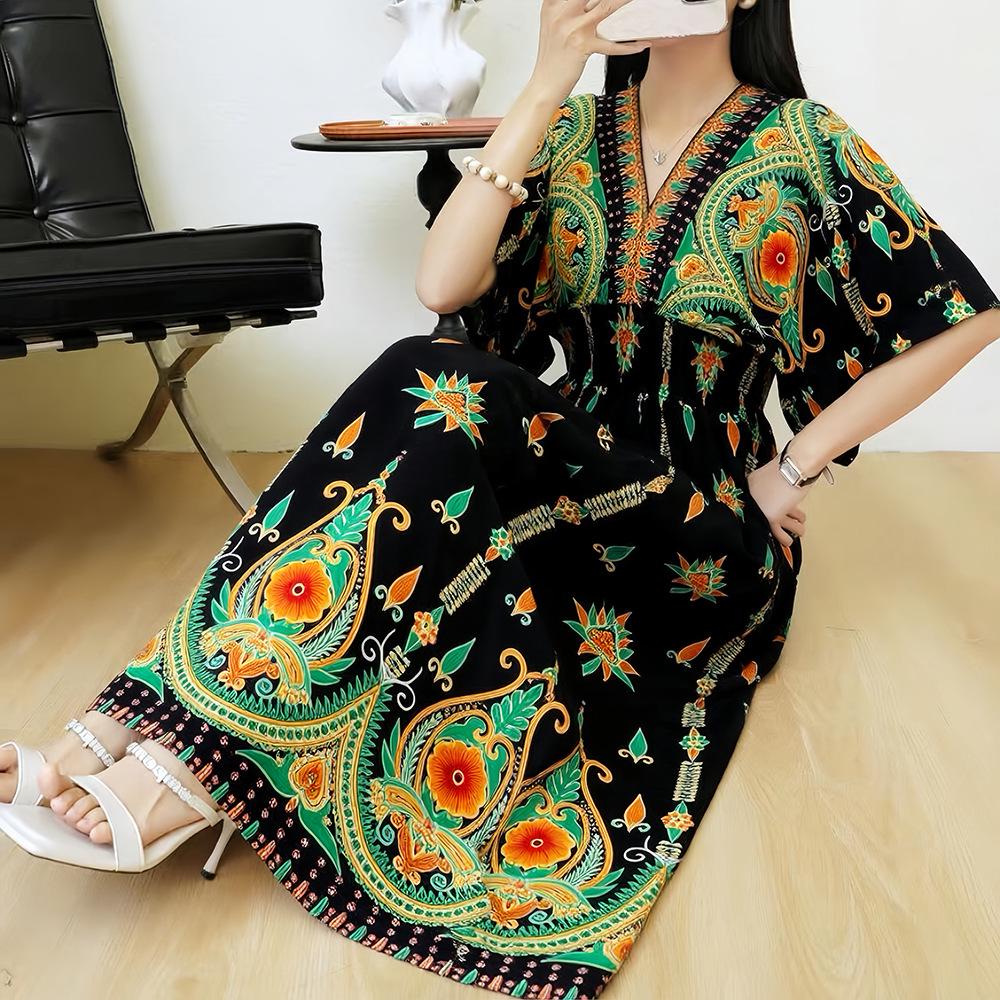 26-Year Floral V-Neck Cotton Silk Batwing Sleeve Beach Dress - Thailand Travel & Vacation Skirt Style