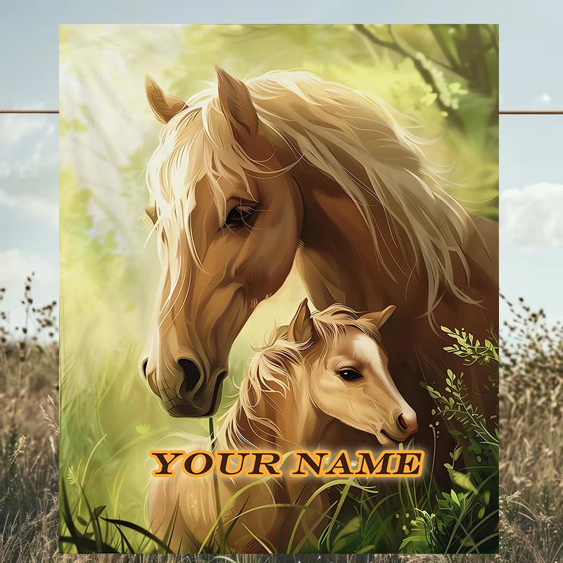 1PC Custom Name Horse Foal Nature Outdooor Flannel Blankets Patterns Throw Blanket All-Season Soft Gift for Couch, Bed, Camping Gifts
