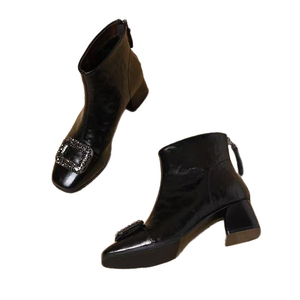 New Style Shoes: Square-toed Ankle Boots, Chunky-heeled Mid-calf Boots, Square-button Low-heeled Women's Shoes
