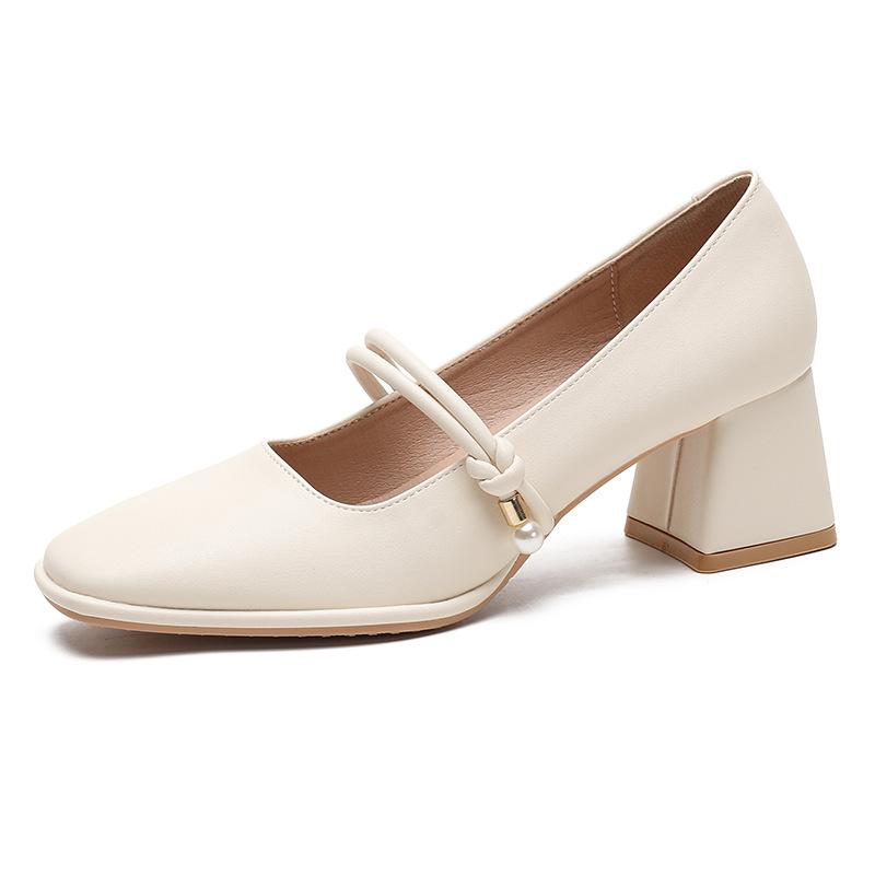 

Кожаные балетки для женской обуви Хуэйчжоу Su Yinyin те же туфли на толстом каблуке, женская корейская версия, весенние новые туфли на высоком каблуке 34 абрикосовый