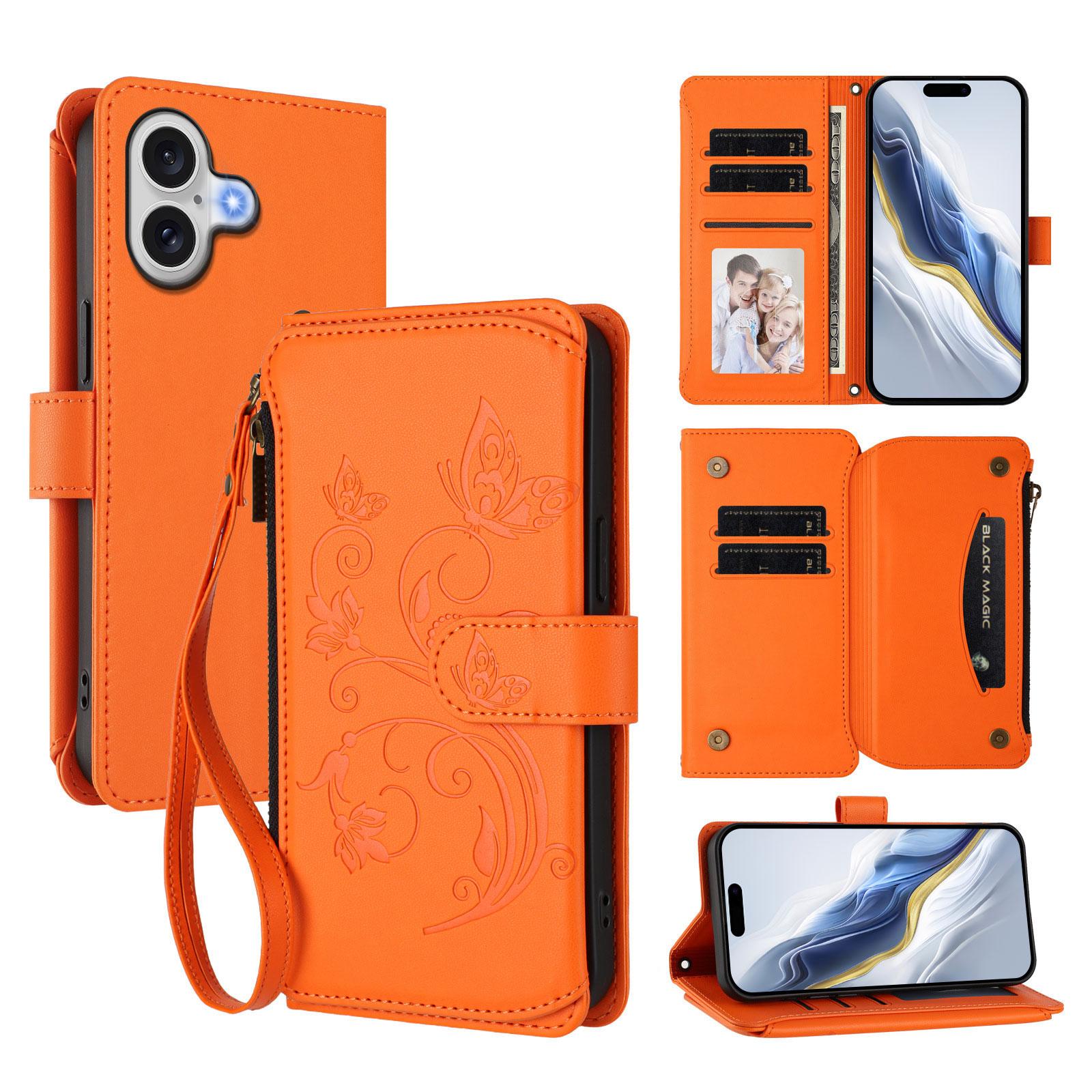 

For iPhone 17 Leather Case Butterfly Floral Imprint Zipper Wallet Stand Cover with Wrist Strap Orange