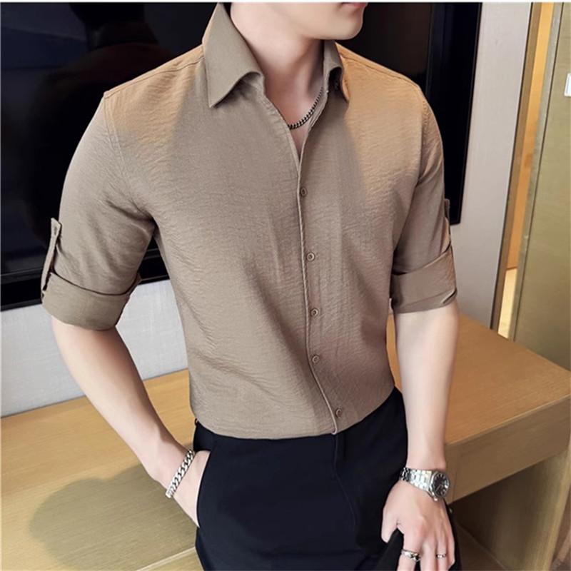 

Весна Лето Тонкие повседневные рубашки Мужская мода Slim Fit Однотонные рубашки с длинным рукавом Смарт-повседневная рубашка Мужская однобортная блузка M чёрный