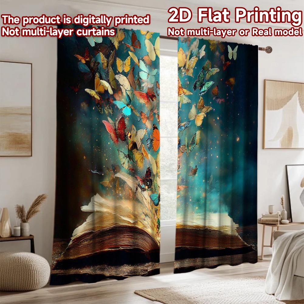 2D flat printing 2pcs Party Curtain Book Butterflies Release Imagination Digital Printed Polyester Drapes Holiday Decorations