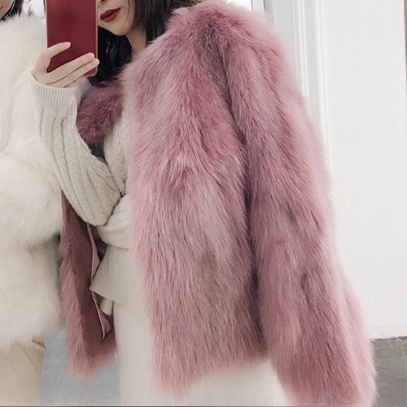 

Зимние новые винтажные теплые свободные короткие пальто из лисьего меха, женские модные плюшевые куртки с длинным рукавом и V-образным вырезом, женские элегантные мягкие однотонные женские пальто, куртка 25334 One Size розовый