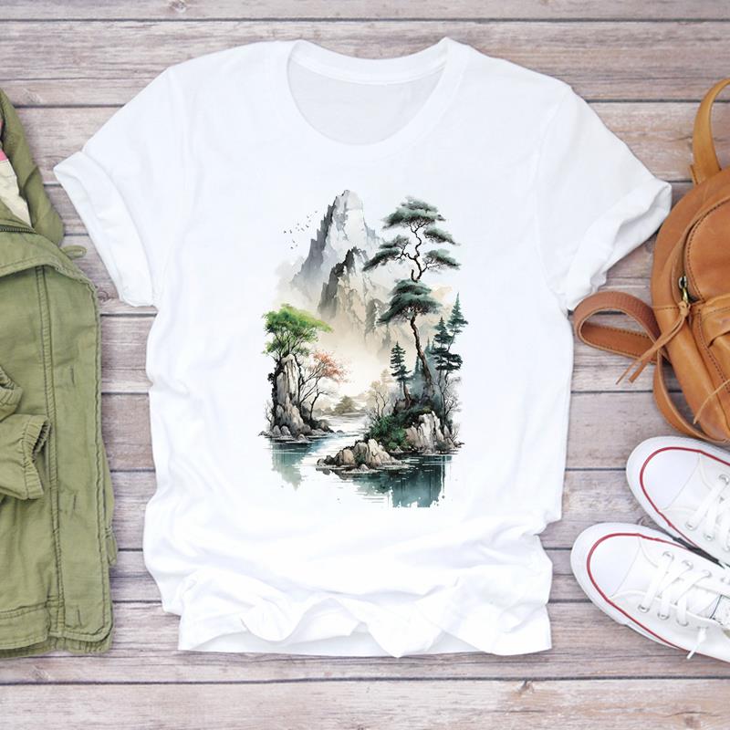 (European Size) 90s Tee Top Clothing Flower Watercolor Trend Cute Casual Short Sleeve Fashion T-shirt Women Print Lady Female Graphic T-shirt