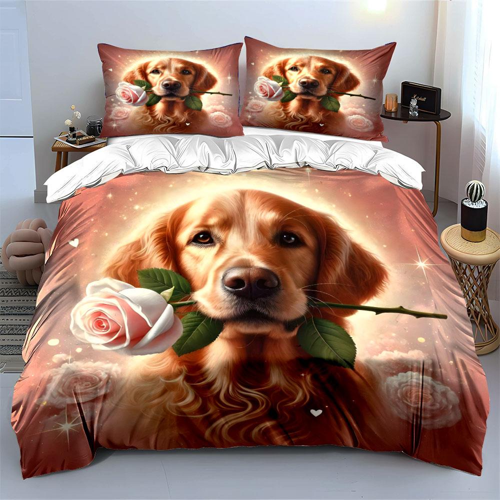 Golden Retriever with Rose Bedding Duvet Cover Set (1*Duvet Cover 2*Pillowcases, without duvet insert)