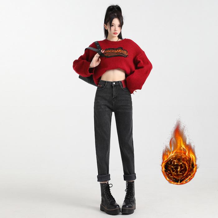 Retro Blue Plus Velvet Harem Jeans for Women, High Waist Loose and Slim Straight Large Size Carrot Dad Pants